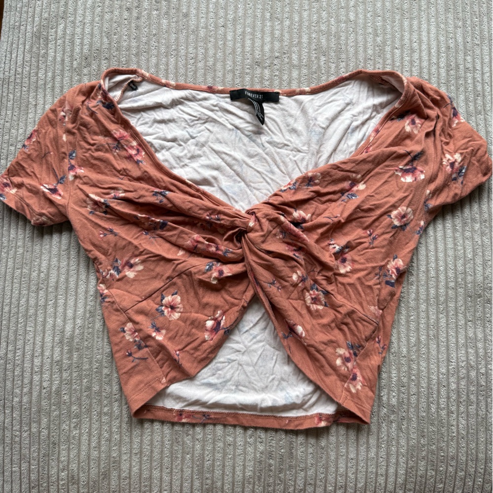 Forever 21 Floral Knot Front Crop Top - Rust and Pink